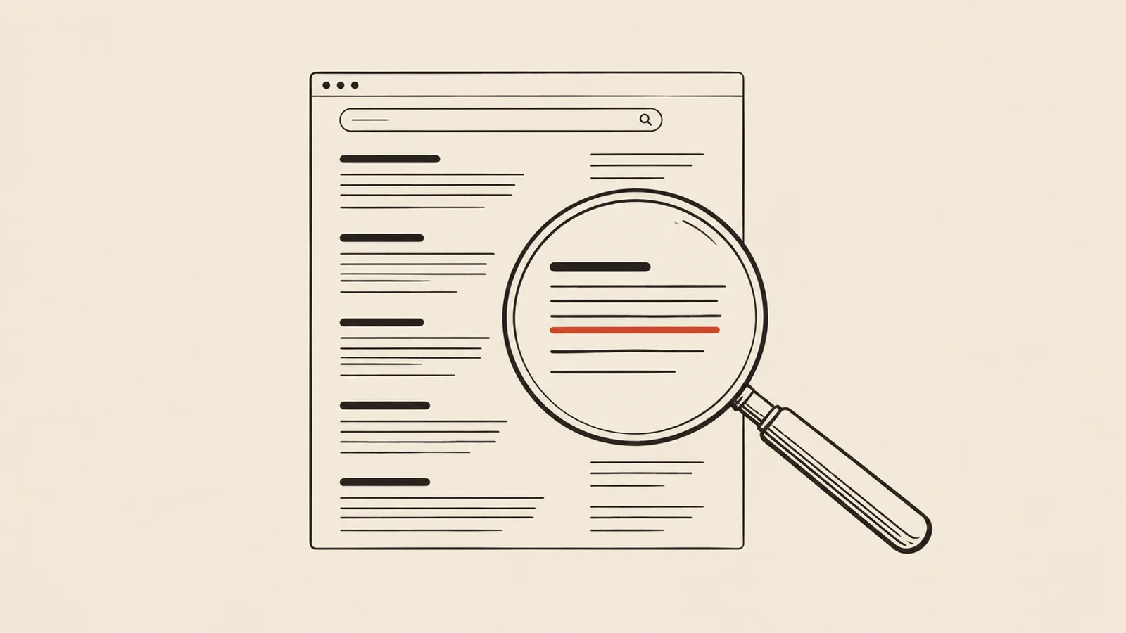 Une loupe examine une page web dessinée à l’encre ; un paragraphe est souligné en rouge.