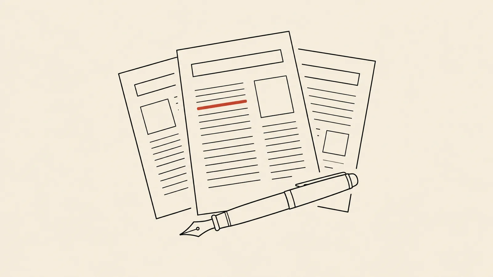 Trois feuillets d’article en éventail avec titre, intertitres et colonnes, une plume posée devant ; un intertitre souligné en rouge.
