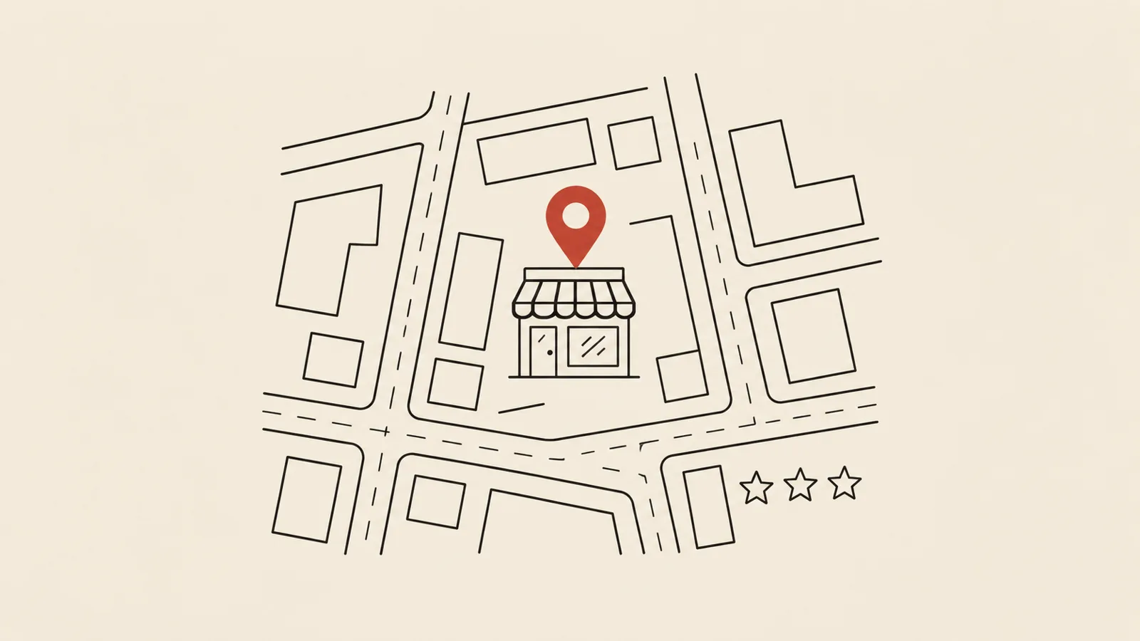 Plan de quartier dessiné à la plume avec une vitrine de commerce et une épingle rouge plantée dessus, trois étoiles d’avis en bas.
